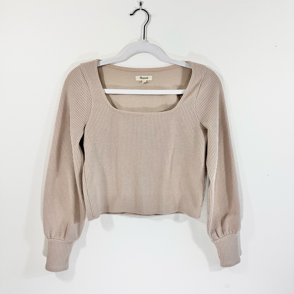 Madewell Ribbed Square Neck Puff Sleeve XS Top Neutral Long Sleeve